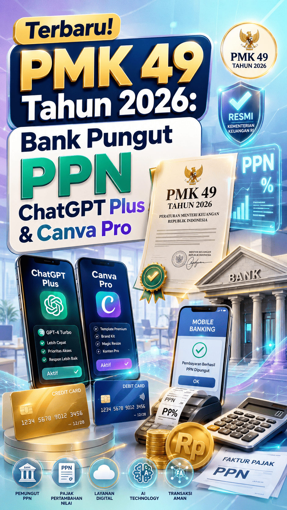 PMK 49 Tahun 2026 tentang bank sebagai pemungut PPN transaksi digital luar negeri termasuk ChatGPT Plus, Canva Pro, dan Adobe